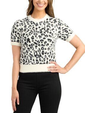 BCX Juniors' Animal-Print Short-Sleeve Crewneck Sweater Size S